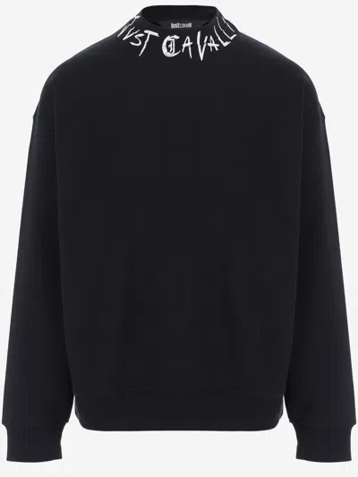 Just Cavalli Crew Neck Cotton Sweatshirt With Logo Print In Black