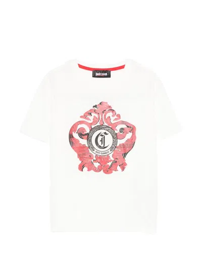 Just Cavalli Kids' Crew Neck Short Sleeve T-shirt With Graphic Print In White