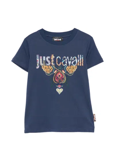 Just Cavalli Kids' Crew Neck Short Sleeve T-shirt With Logo In Blue