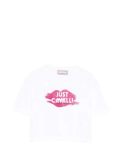 Just Cavalli Kids' Crew Neck T-shirt With Logo In White
