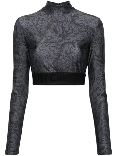 JUST CAVALLI JUST CAVALLI CROPPED LONG SLEEVE T-SHIRT WITH PATTERN AND LOGO WAISTBAND