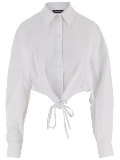 Just Cavalli Cropped White Cotton Shirt With Classic Collar And Adjustable Cuffs