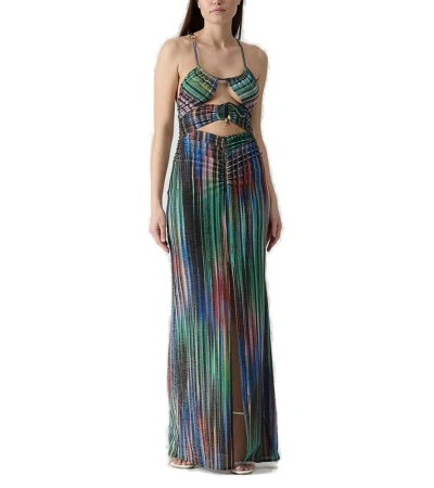 Just Cavalli Woman Maxi Dress Green Size 4 Polyester, Metallic Polyester, Polyamide, Elastane In Multi