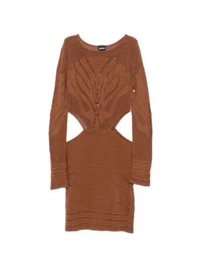 Just Cavalli Cut-out Crochet-knit Mini Dress In Brown