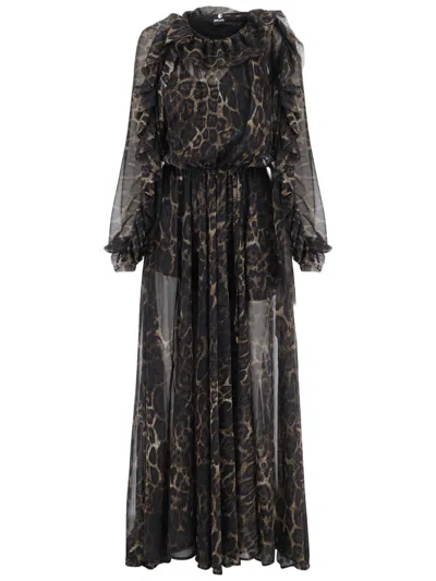 Just Cavalli Dark Animal Print Midi Dress With Sheer Sleeves And Ruffle Details In Black