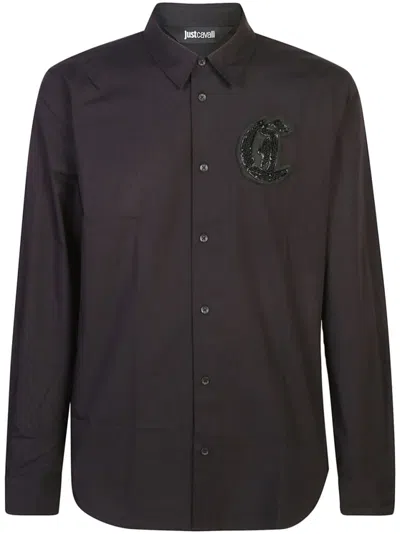 Just Cavalli Embroidered Logo Black Shirt With 100% Cotton Fabric