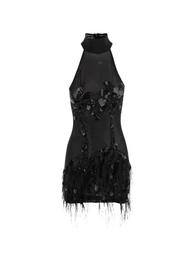 Just Cavalli Feather-trimmed Sequin-embellished Mini Dress In Black