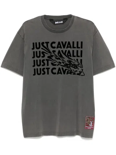 Just Cavalli Flocked-logo T-shirt In Grau
