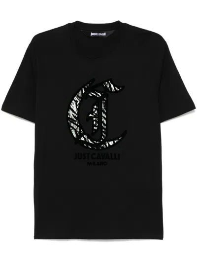 Just Cavalli Flocked-logo T-shirt In Schwarz