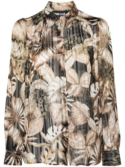 Just Cavalli Floral Metallic Sheer Shirt In Gold