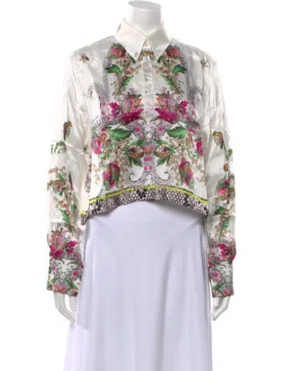 Pre-owned Just Cavalli Floral Print Long Sleeve Button-up Top In White
