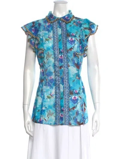 Pre-owned Just Cavalli Floral Print Short Sleeve Blouse In Blue
