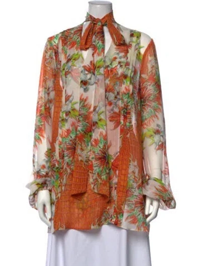 Pre-owned Just Cavalli Floral Print Tie Neck Blouse In Orange