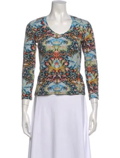 Pre-owned Just Cavalli Floral Print V-neck Top In Blue