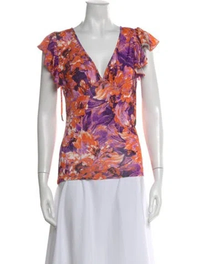 Pre-owned Just Cavalli Floral Print V-neck Top In Purple