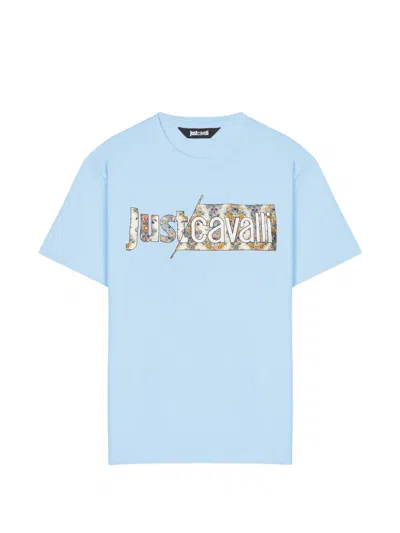 Just Cavalli Floral-logo T-shirt In Blue