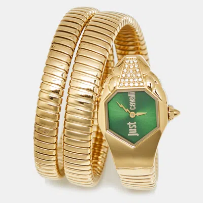 Pre-owned Just Cavalli Glam Chic 1l022 Green Dial Yellow Gold Plated Stainless Steel Women's Wristwatch 22 Mm