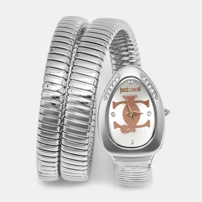 Pre-owned Just Cavalli Glam Evo 5 Jc1l228m0015 Silver Dial Stainless Steel Snake Women's Wristwatch 22 Mm