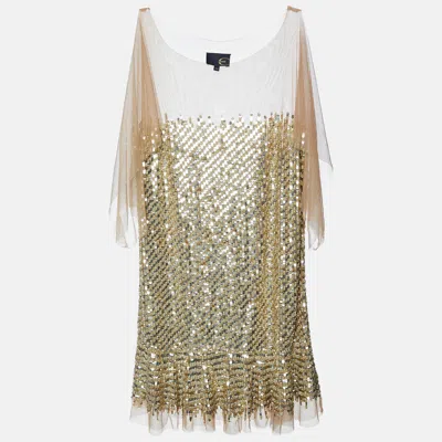 Pre-owned Just Cavalli Gold Sequin And Tulle Flounce Mini Dress M