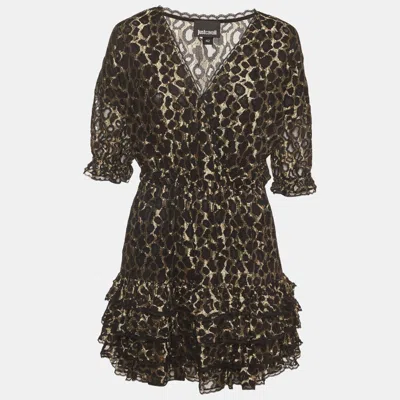 Just Cavalli Gold/black Leopard Lace Ruffle Mini Dress