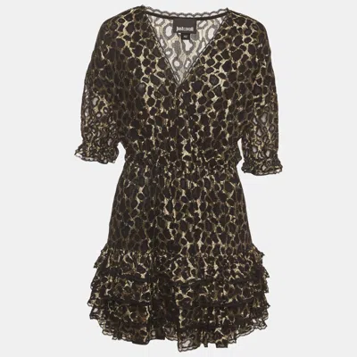 Pre-owned Just Cavalli Gold/black Leopard Lace Ruffle Mini Dress M