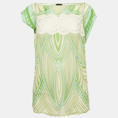 Pre-owned Just Cavalli Green Printed Lace Trim Silk Top L