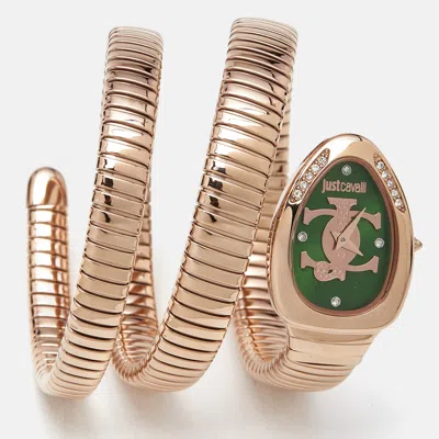 Pre-owned Just Cavalli Green Rose Gold Tone Stainless Steel Snake Jc1l228m0055 Women's Wristwatch 22 Mm
