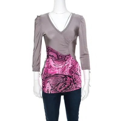 Just Cavalli Grey And Pink Animal Printed Ruched Long Sleeve Top In Gray
