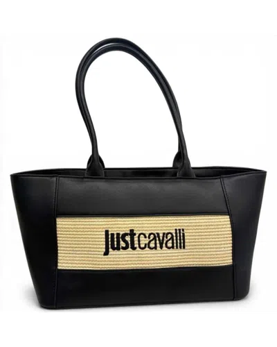 Just Cavalli Handbag Jc Block Straw Woman Black In Paglia And Leather