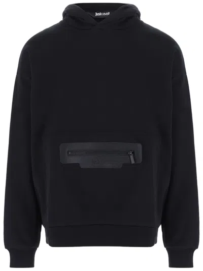 Just Cavalli Hooded Cotton Sweatshirt With Zippered Kangaroo Pocket In Black
