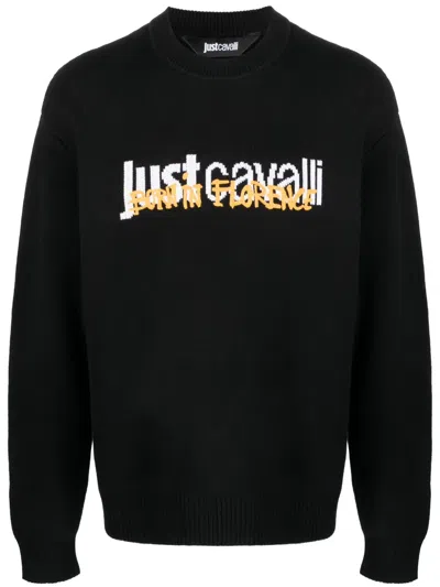 Just Cavalli Intarsia Knit Logo Cotton Jumper In Black