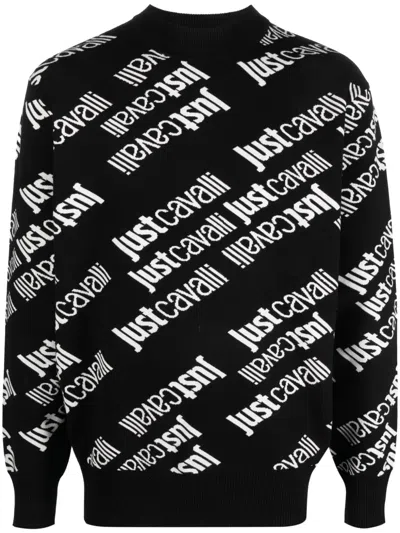 Just Cavalli Intarsia Knit-logo Jumper In Black