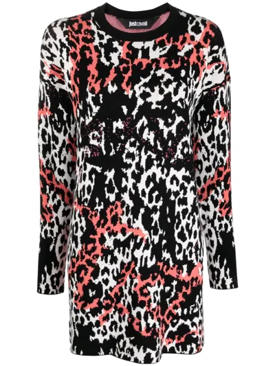 Just Cavalli Jacquard Leopard-print Minidress In Black