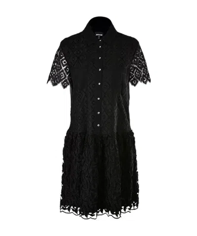 Just Cavalli Lapel Lace Carved Short-sleeved Dress In Black
