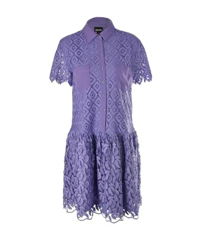 Just Cavalli Lapel Lace Carved Short-sleeved Dress In Blue