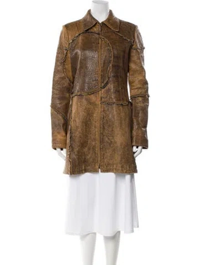 Pre-owned Just Cavalli Leather Animal Print Trench Coat In Brown