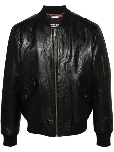 Just Cavalli Leather Bomber Jacket In Black