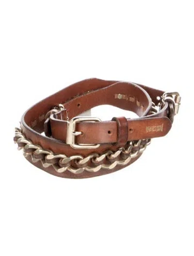 Pre-owned Just Cavalli Leather Chain-link Accents Chain-link Belt In Brown
