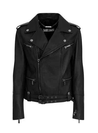 Just Cavalli Leather Jacket In Black