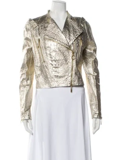 Pre-owned Just Cavalli Leather Printed Biker Jacket W/ Tags In Neutral