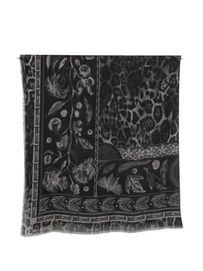 Just Cavalli Leopard-print Floral-motif Scarf In Black