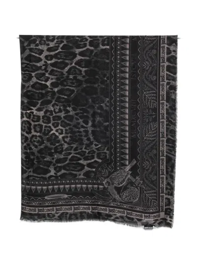 Just Cavalli Leopard-print Frayed Scarf In Black