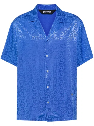 Just Cavalli Logo-jacquard Bowling Shirt In Blue