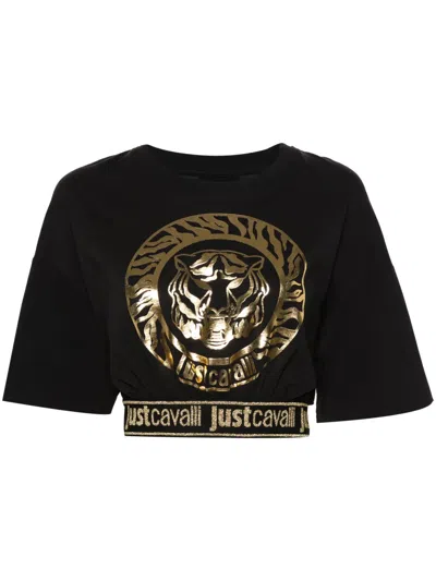Just Cavalli Logo-print Cotton Crop Top In Black