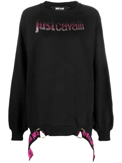 Just Cavalli Logo Print-embellished Jersey-fleece Sweatshirt In Black