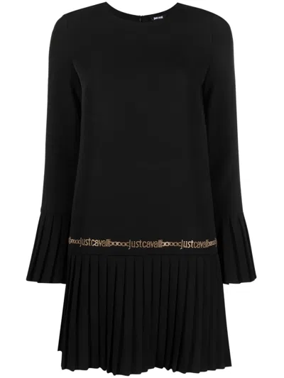Just Cavalli Logo-studded Pleat-detail Minidress In Black
