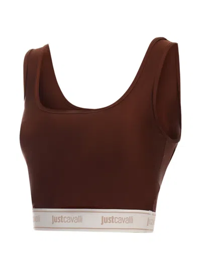 Just Cavalli Logo-waist Crop Top In Brown
