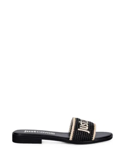 Just Cavalli Logo-embroidered Raffia-effect Flat Sandals In Black