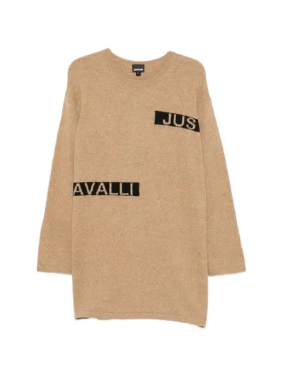 Just Cavalli Logo-intarsia Knitted Mini Dress In Brown