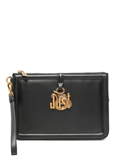 Just Cavalli Logo-plaque Leather Clutch Bag In Black